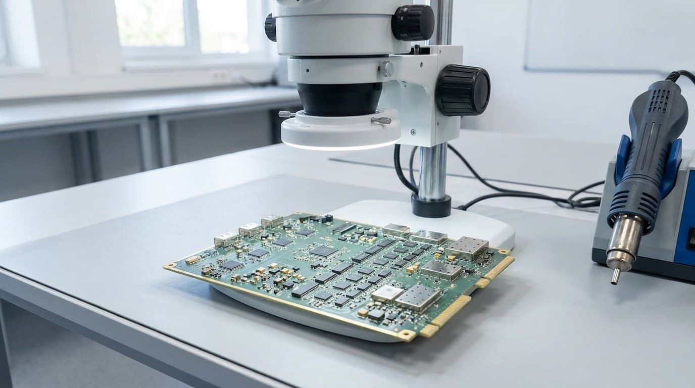Stereo microscope ring light over a dense ultrasound board on a repair bench, hot-air rework tool at rest