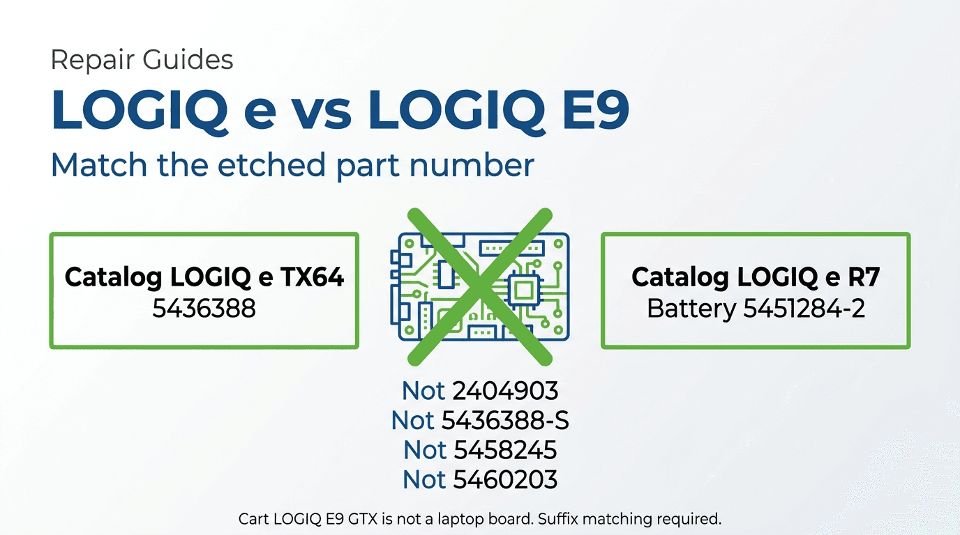 Editorial Repair Guides cover isolating catalog laptop LOGIQ e TX64 5436388 and battery 5451284-2 from leftover 2404903, GE Shop 5436388-S, and cart LOGIQ E9 GTX boards