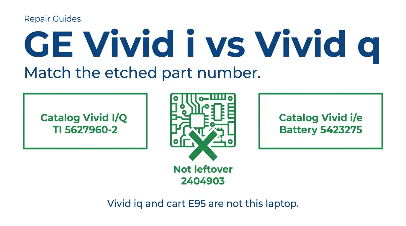 Editorial Repair Guides cover isolating catalog laptop GE Vivid i/q TI 5627960-2 and battery 5423275 from leftover 2404903, Vivid iq claims, and cart E95 cases