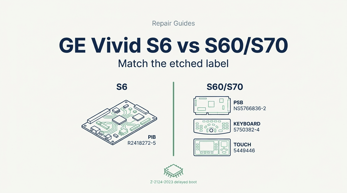 Editorial Repair Guides cover comparing GE Vivid S6 compact boards with Vivid S60/S70 assemblies and the Z-2124-2023 delayed-boot software gate