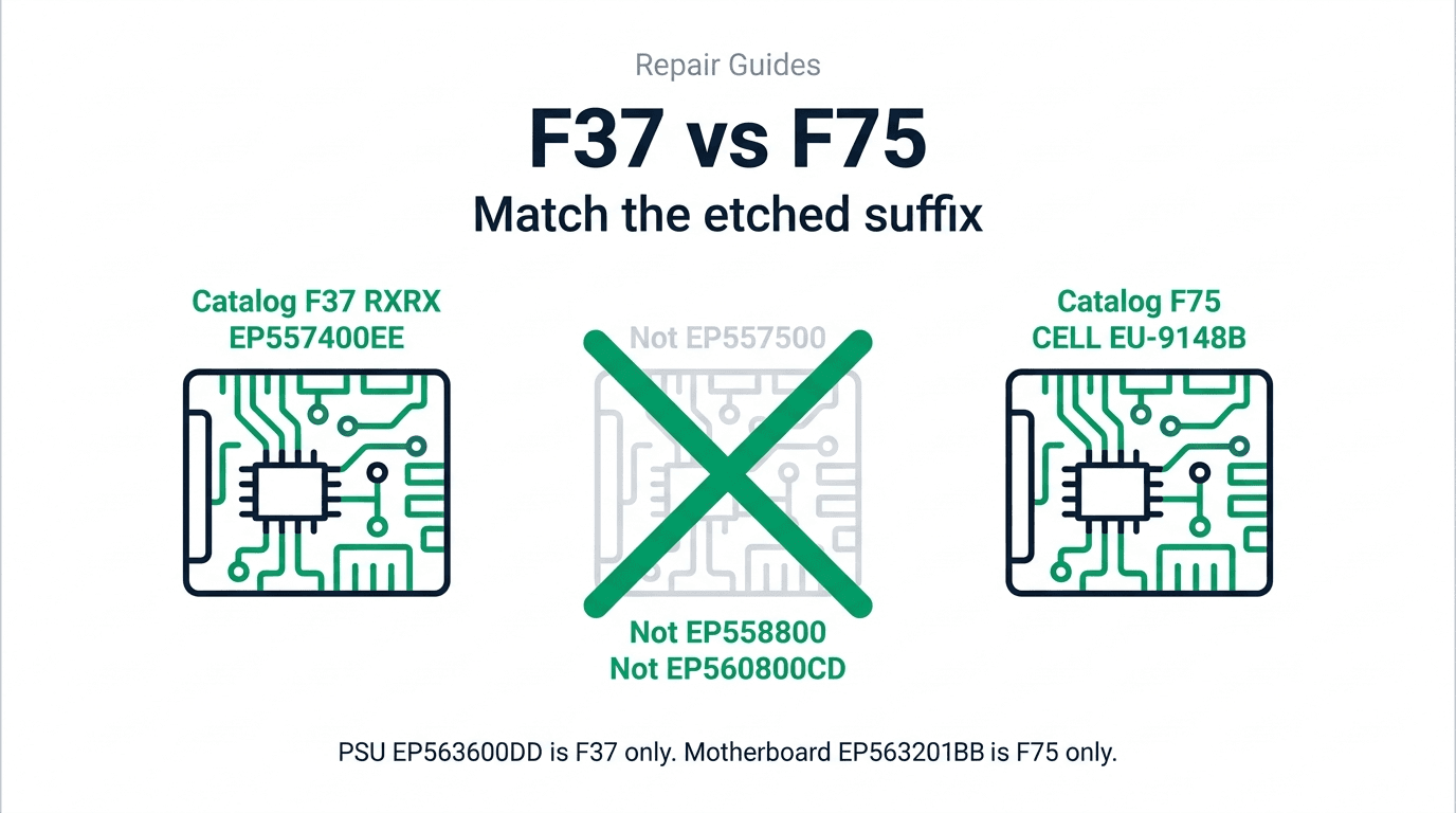 Editorial Repair Guides cover comparing catalog F37 RXRX EP557400EE and catalog F75 CELL EU-9148B against ranking leftover EP557500, EP558800, and EP560800CD