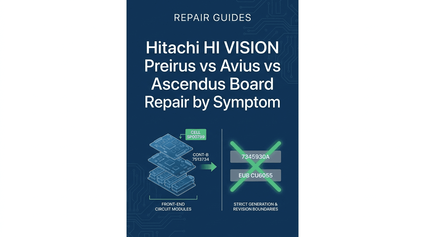 Editorial Repair Guides cover comparing Hitachi HI VISION Preirus, Avius, and Ascendus assemblies SP00799, 7513734, PA03381-B799, 7513625, 7513630, KB347443-A, HM-825A, and 7514289 against ranking 7345930A and leftover EUB CU6055