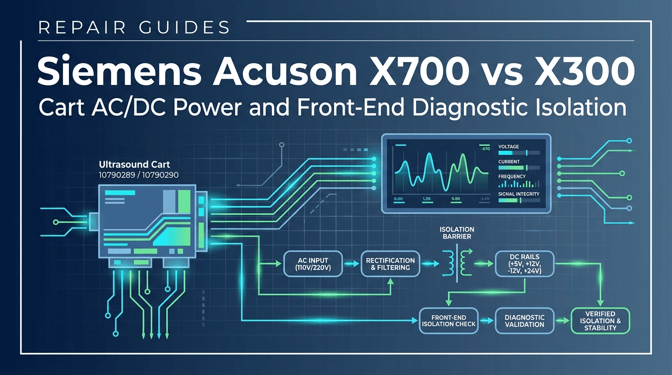 Editorial Repair Guides cover isolating catalog Siemens Acuson X700 AC 10790289 and DC 10790290 from leftover BE 10136465, RC 10136467, TI 11014292, and X300 boards
